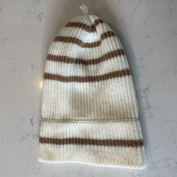 Hand Crafted Cozy Knit Ribbed Striped Toque Neutral Cream & Tan Sz OS - no tags - Picture 3 of 5